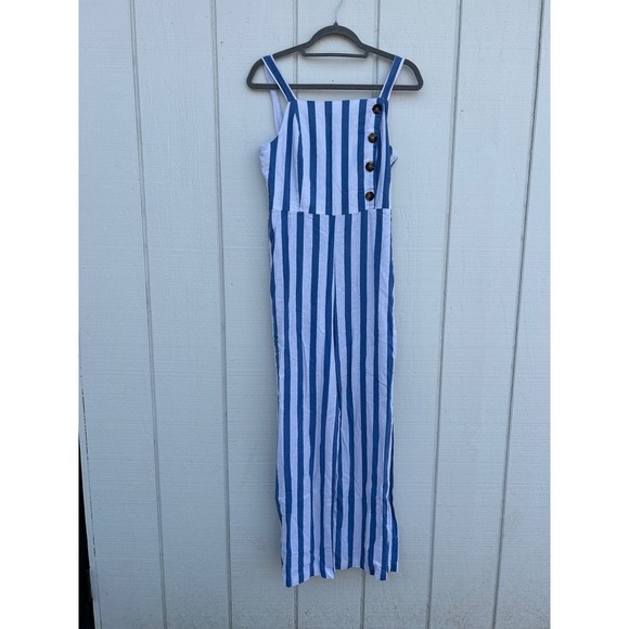 C & C California Blue Striped Sleeveless Jumpsuit, Button Details, Lined, Sz S‎ - Picture 1 of 4